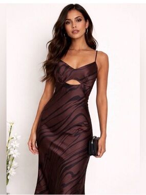 House of Harlow 1969 Zebra striped Brown Printed Slip Midi Dress with Cutout XS